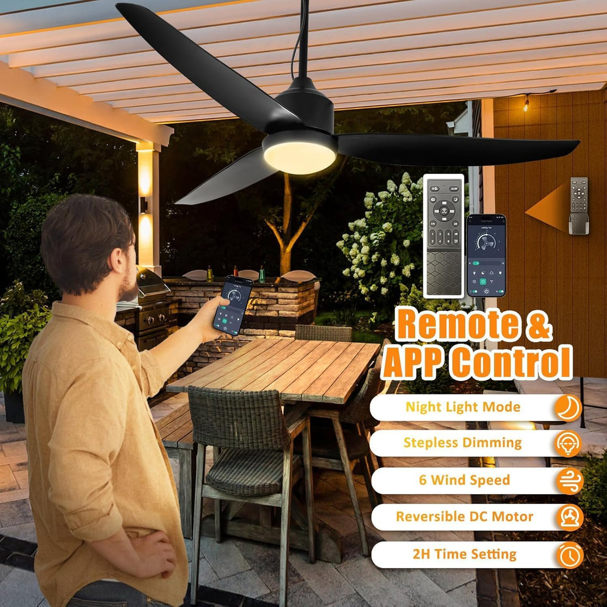 Ventilador de techo con iluminación y mando a distancia, resistente al agua IP65, ventilador de exterior regulable, lámpara de techo moderna con ventilador, ventilador silencioso con luz para dormitorio, balcón y exterior