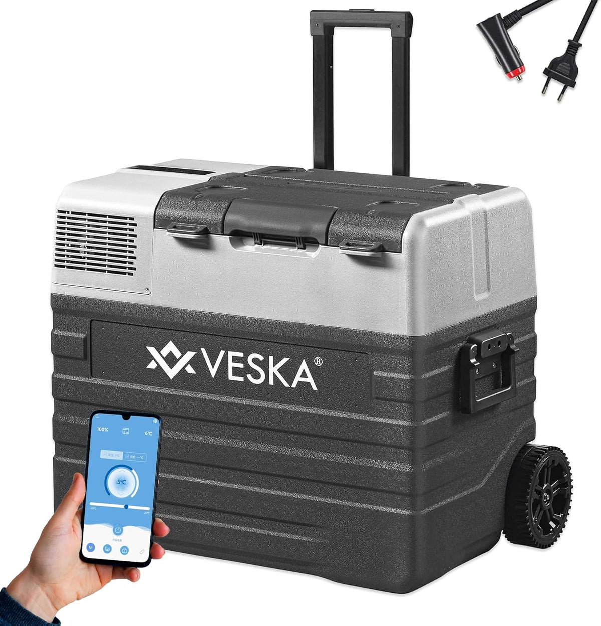 Nevera portátil de compresor, congelador con control por APP, puerto USB, 12/24V, 230V, ruedas, refrigerador transportable, arcón frigorífico, caja congeladora hasta -20 °C para coche, camión, barco (52L - antracita)