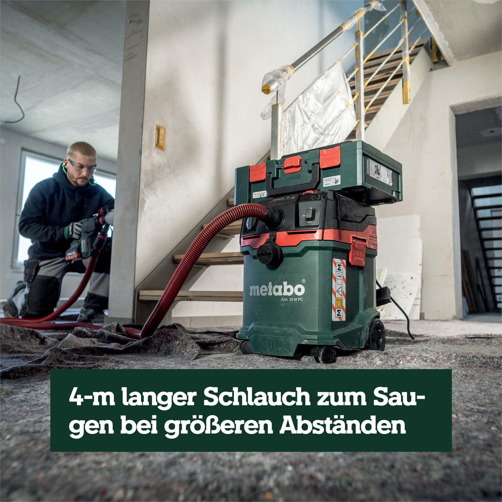 Aspirador universal metabo ASA 30 M PC, 1200 W, clase de polvo M, cable de 8 m, 30 l, manguera antiestática, limpieza de filtro, accesorios
