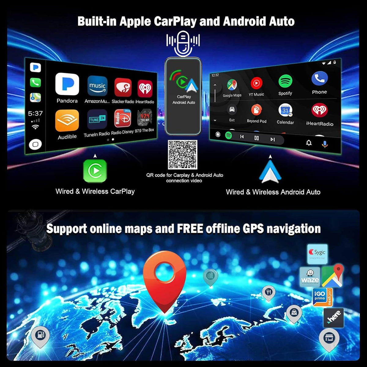 Autoradio Erisin Qualcomm 8 núcleos 8GB+128GB Android 14 Universal 2Din GPS 7 pulgadas estéreo pantalla táctil Bluetooth 5.1 inalámbrico CarPlay Android Auto DAB+ AM FM Radio IPS RDS DSP WiFi 4G TPMS OBD TNT