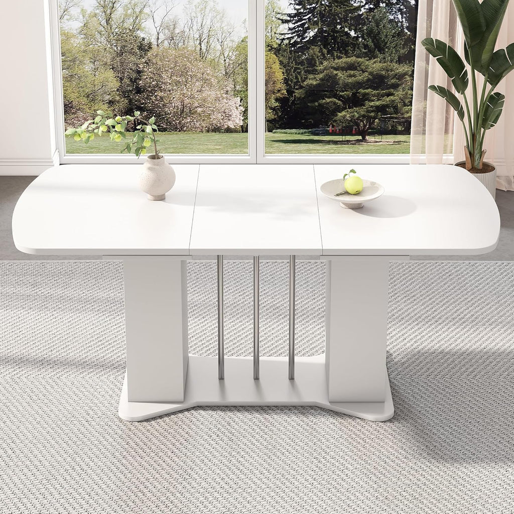 Mesa de comedor extensible moderna Bladez con espacio de almacenamiento, 120-160 cm x 80 cm, MDF en blanco, patas de metal plateado, mesa de cocina multifuncional para 4-8 personas, mesa de comedor