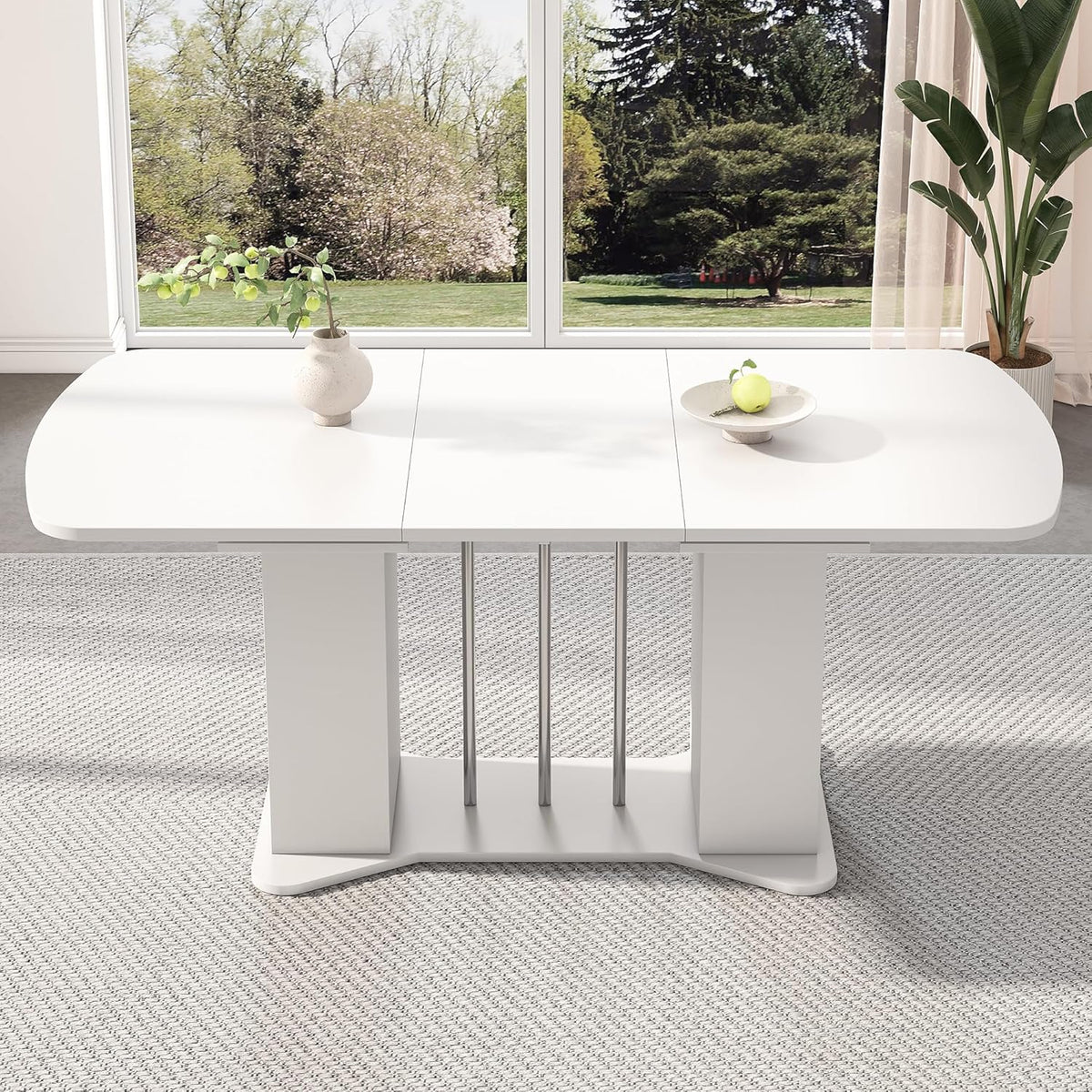 Mesa de comedor extensible moderna Bladez con espacio de almacenamiento, 120-160 cm x 80 cm, MDF en blanco, patas de metal plateado, mesa de cocina multifuncional para 4-8 personas, mesa de comedor