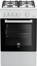Cocina de gas independiente Beko FSG52010FW, horno de gas con placa de gas, 50 cm, 4 zonas de cocción, horno de gas con encendido eléctrico e indicador de temperatura interior, cristal interior extraíble, blanco