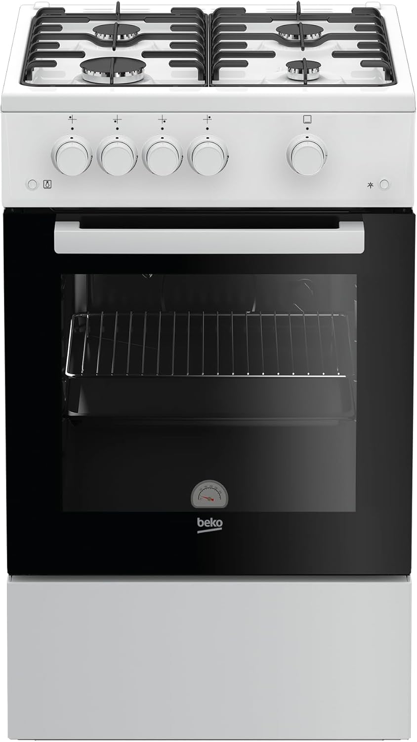 Cocina de gas independiente Beko FSG52010FW, horno de gas con placa de gas, 50 cm, 4 zonas de cocción, horno de gas con encendido eléctrico e indicador de temperatura interior, cristal interior extraíble, blanco