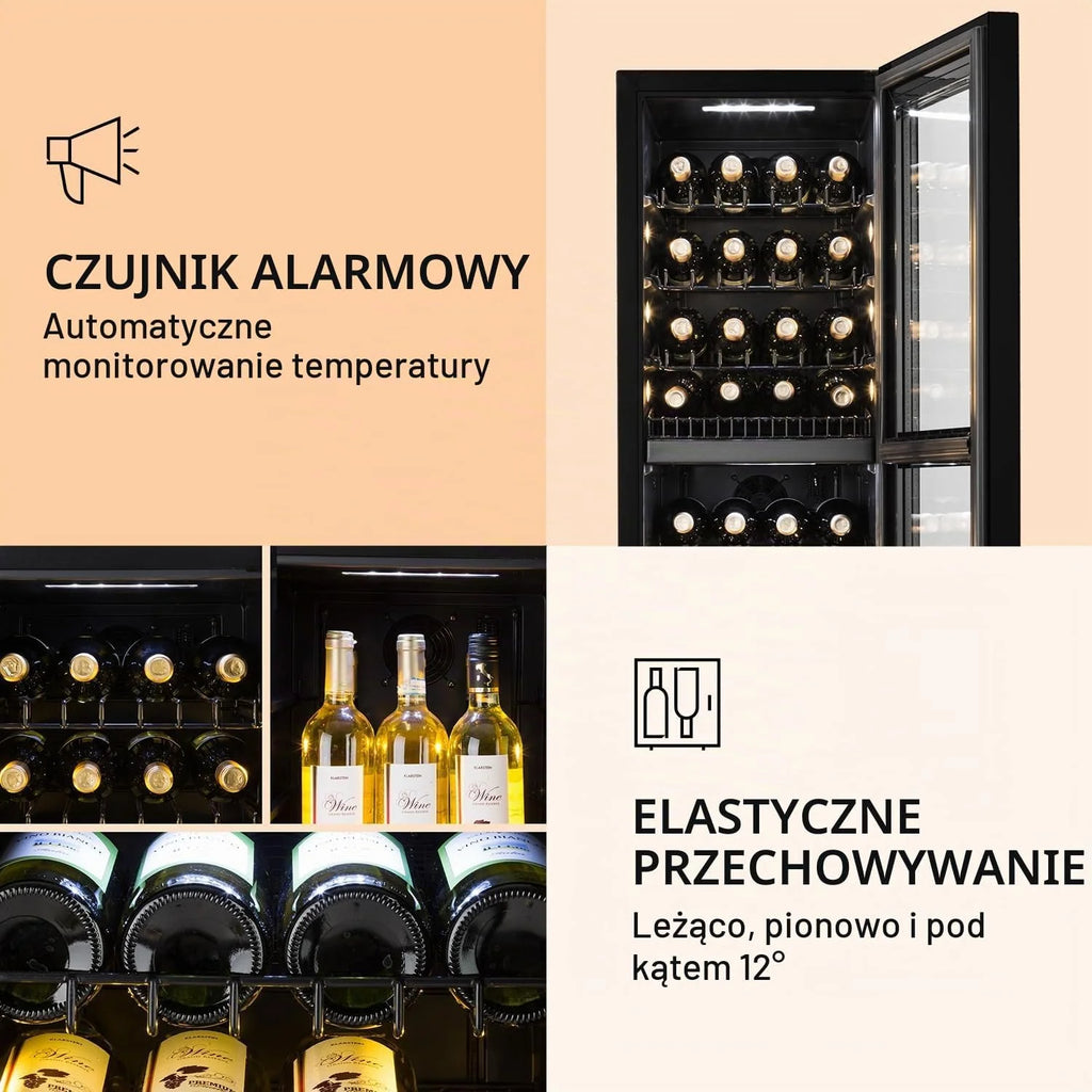 Klarstein Wolnostojąca chłodziarka do wina, lodówka na napoje, dwustrefowa lodówka na wino, chłodziarka do napojów, do użytku wewnątrz i na zewnątrz, mała lodówka do piwa ze szklanymi drzwiami,