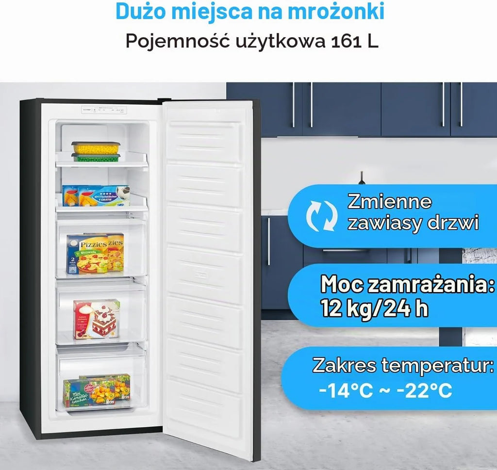 Zamrażarka Bomann 161L czarna GS7343 - Total No Frost, system MultiAirflow, 3 szuflady, sterowanie elektroniczne, super zamrażanie, 39 dB, odwracalne, 220-240V