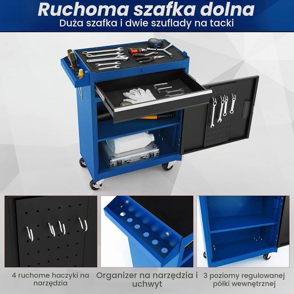 GOPLUS Metalowa szafka narzędziowa 2 w 1, wózek narzędziowy z kółkami, skrzynka narzędziowa, 5 szuflad, haki, regulowana półka i antypoślizgowa podszewka do warsztatu garażowego (niebieski)