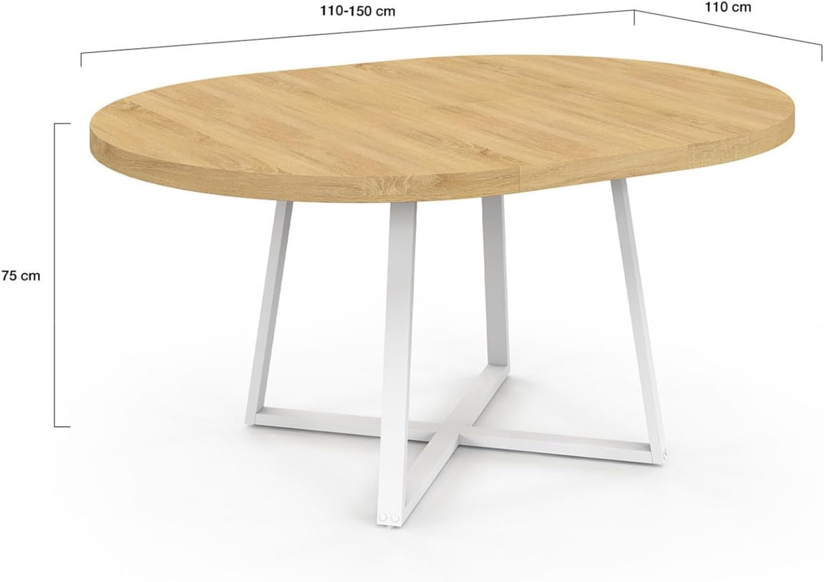 IDMarket - Mesa de comedor redonda extensible Selma de 4 a 8 personas, madera y blanco, 110-150 cm