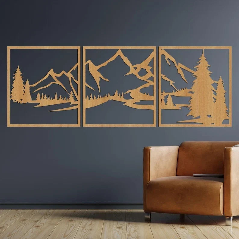 Arte de pared de montañas en madera, HDF 3 mm, decoración de pared rústica para sala de estar, dormitorio, oficina