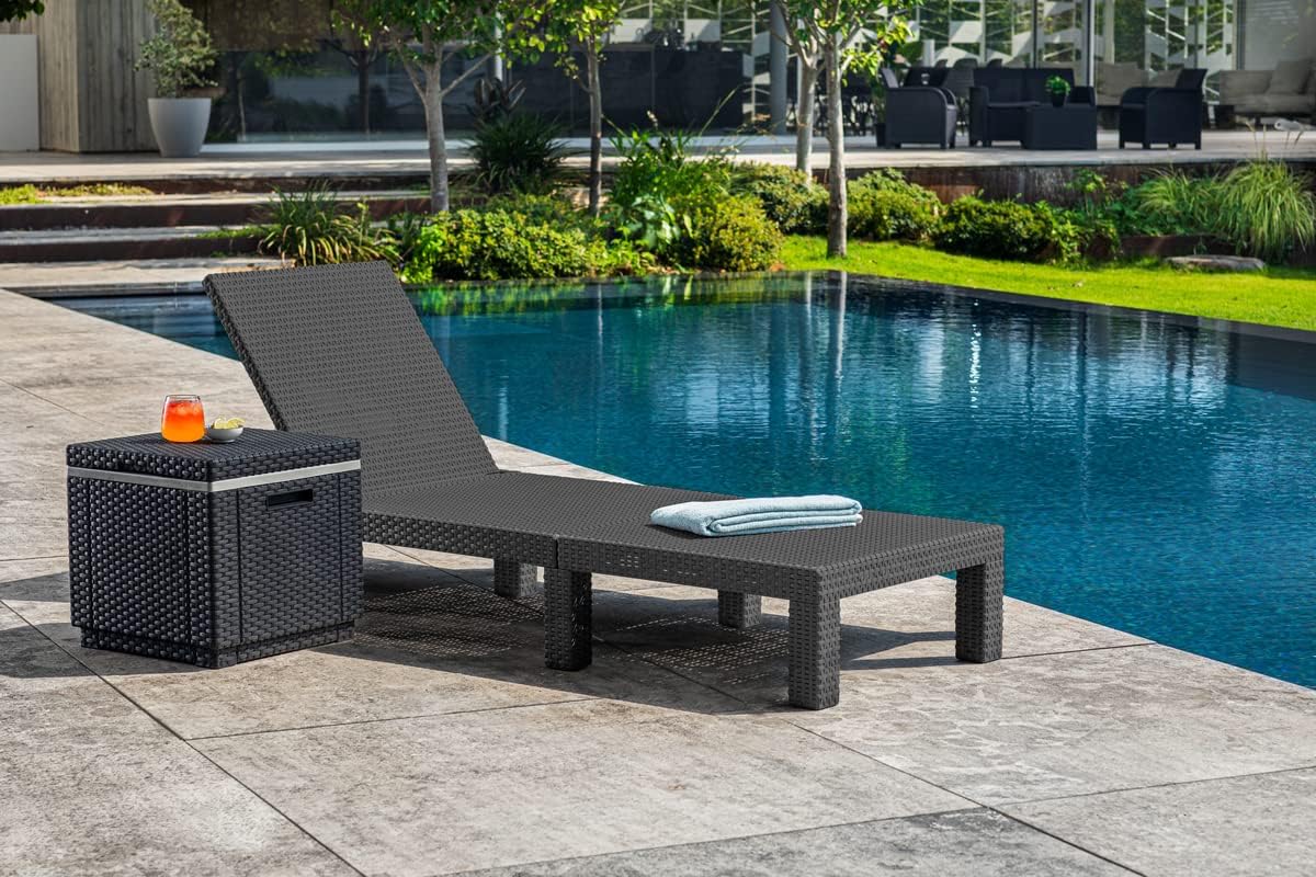 Tumbona Daytona Deluxe de Allibert by Keter para jardín, terraza y balcón con respaldo ajustable, gris, incluye cojín, tumbona de jardín de plástico, aspecto de ratán plano, 195x65x25,5 cm