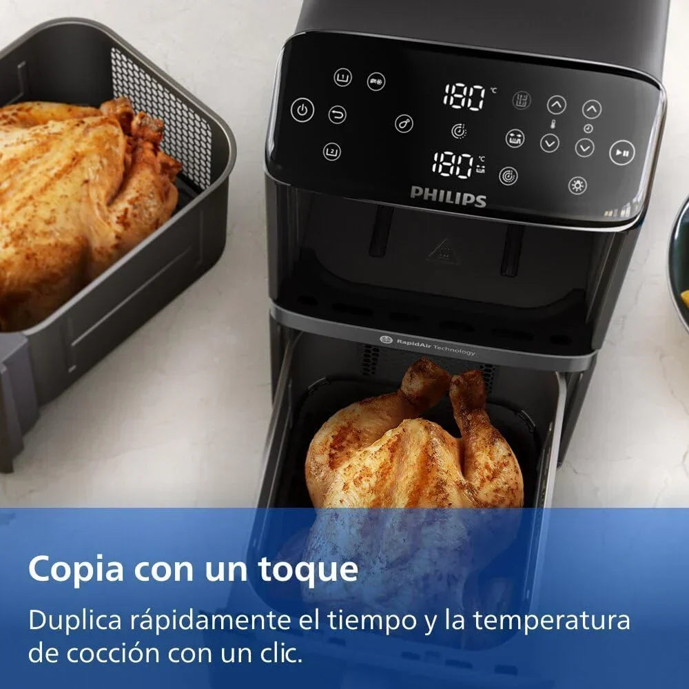 Philips Airfryer Serie 4000 de Doble Cesta Vertical 10L – Tecnología RapidAir, Sync, 2 cestas a la vez, 45% menos de espacio, revestimiento cerámico sin PFAS, ventanas de visualización (NA460/00)