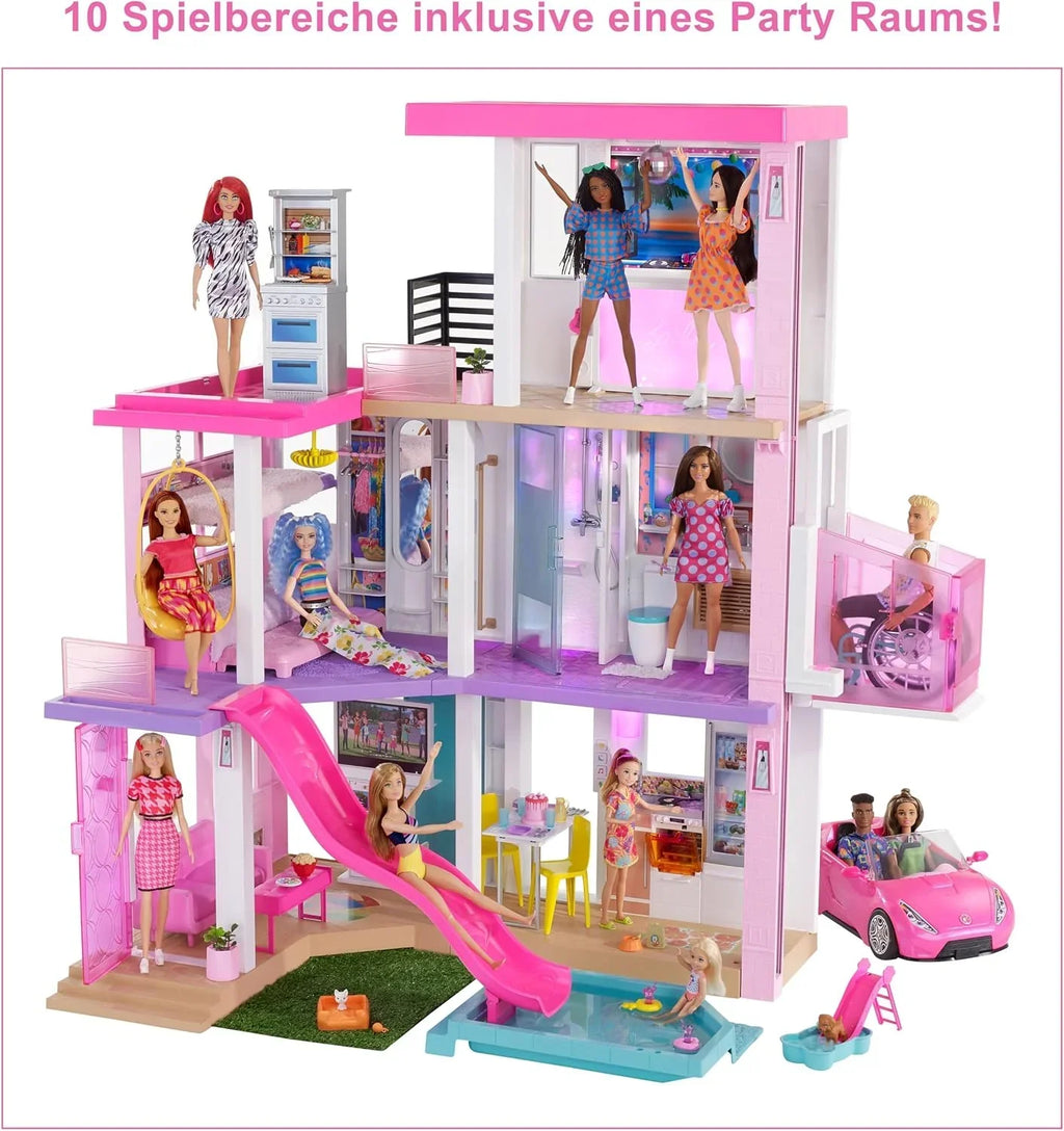 Set de juego casa de muñecas de 3 pisos con piscina, tobogán, ascensor, luz y sonido, 75 accesorios, modelo GRG93
