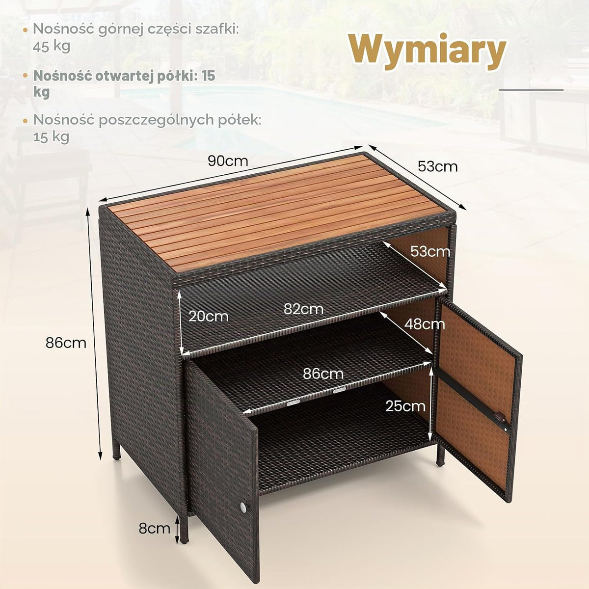 COSTWAY Szafka ogrodowa, rattanowa, szafka tarasowa z blatem roboczym z drewna akacjowego, otwartą półką i podwójnymi drzwiami, szafka do przechowywania na zewnątrz, do ogrodu, na taras, 90 x 53 x 86