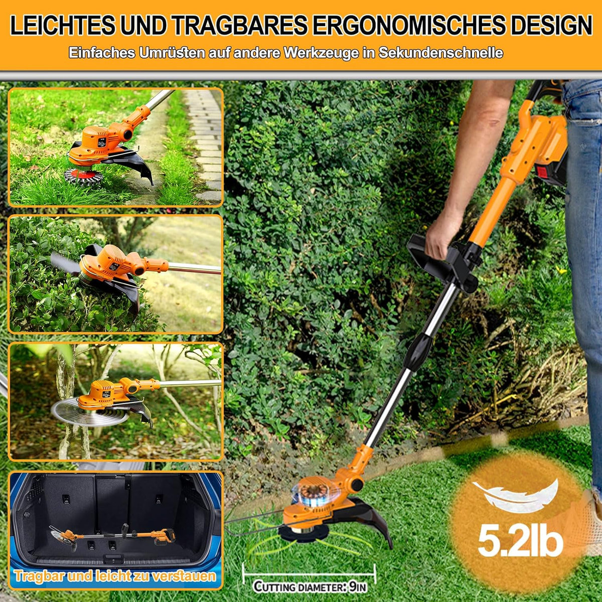 Cortacésped inalámbrico con batería y cepillo para malas hierbas 4 en 1, desbrozadora con cepillo para malas hierbas, desbrozadora sin escobillas de 21 V, cortacésped eléctrico con 2 baterías de 4.0 Ah, cargador, telescópico, ajustable, naranja