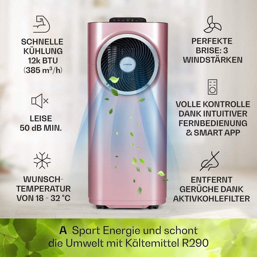 Acondicionador de aire portátil Klarstein con manguera de escape, unidad de climatización 5 en 1, ventilador, deshumidificador, purificador de aire y modo nocturno, control por aplicación, pequeño y portátil, para hogar y oficina, 12000 BTU