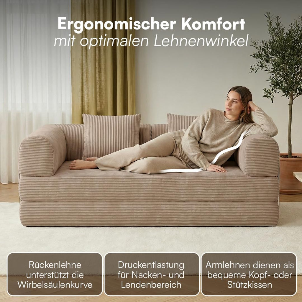 skølm Lofn Schlafsofa aus Cord – 2 Sitzer Couch ausklappbar zum Bodensofa – Vollschaumcouch in Taupe 200 cm breit – Klappsofa inkl. 2 Kissen & Stahlgestell – Cordsofa Wohnzimmer – Cloud Couch boneless | ohne Aufbau