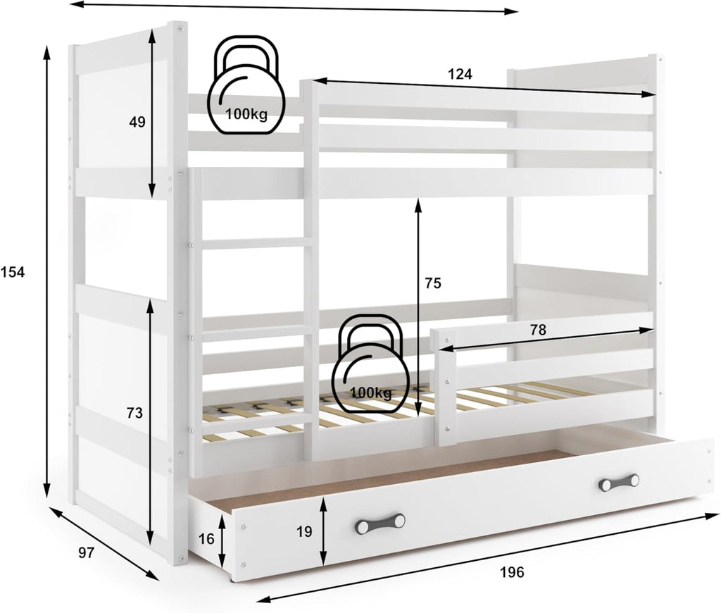 Interbeds Litera 200x90 cm Cama alta con cajón Cama litera Cama de madera de pino Cama infantil Cama juvenil con somier y protección anticaídas (blanco, 200x90)