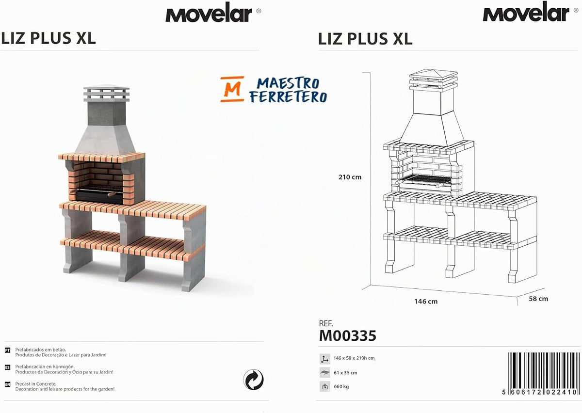 MOVELAR - Barbacoa de hormigón prefabricada para leña y carbón modelo Liz Plus XL (Gris y Naranja - 146 x 58 x 217 cm) REF: M00335 - Cocina de exterior para jardín y terraza