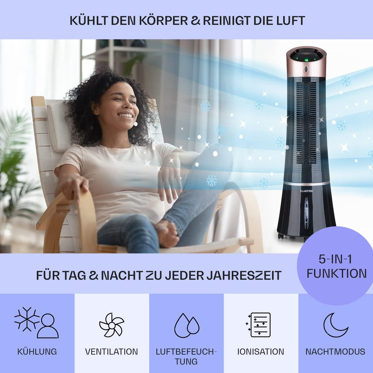 Klarstein 4 en 1: Enfriador de aire inteligente, ventilador, humidificador e ionizador I Depósito de agua de 6 L, oscilación, 30 W, 210 m³/h, temporizador I Aire acondicionado sin tubo de escape, aire acondicionado portátil, negro-oro rosa