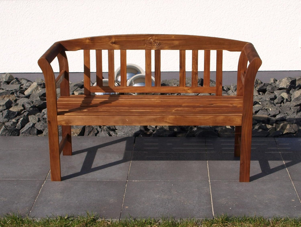 Banco de jardín rústico DEGAMO Rosario de madera de acacia aceitada, 2 plazas 120 cm, certificado FSC®