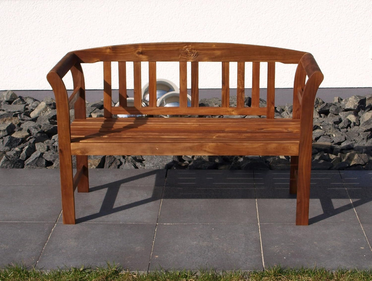 Banco de jardín rústico DEGAMO Rosario de madera de acacia aceitada, 2 plazas 120 cm, certificado FSC®