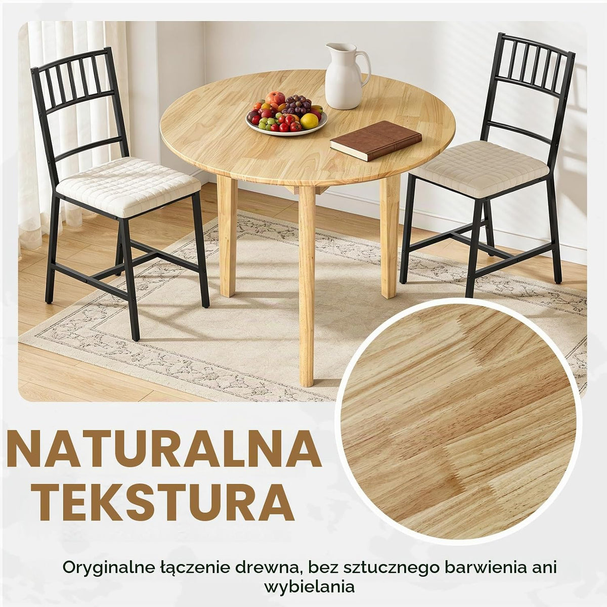 Okrągły Stół Jadalny QLLY z Litego Drewna, Stół Kuchniowy, 80 cm, Naturalny