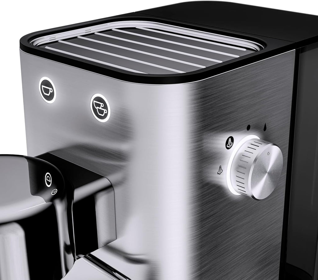 Cafetera espresso de brazo WMF Lumero 1400 vatios, máquina de café espresso, 3 filtros, para 1-2 tazas de espresso, también para monodosis, 15 bares, superficie calientatazas, boquilla para espuma de leche, acero inoxidable mate
