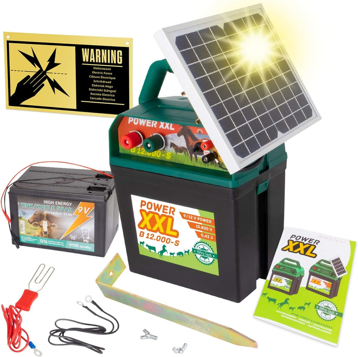 VOSS Power XXL B 12.000-S, 10.800V Potente pastor eléctrico solar 9V 12V, incl. batería de 55Ah y señal de advertencia, módulo solar de alta eficacia, para caballos, ponis, perros, gatos, garzas, ganado, cerdos