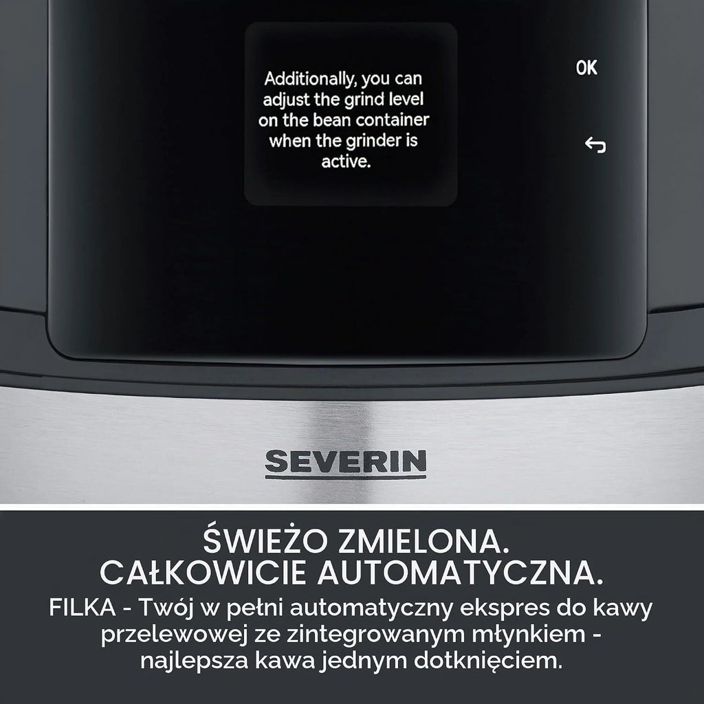SEVERIN FILKA, w pełni automatyczny ekspres do kawy przelewowej, ekspres 5 w 1 z wyświetlaczem LED, młynkiem, dzbankiem szklanym, czarny matowy/stal nierdzewna, KA 9694