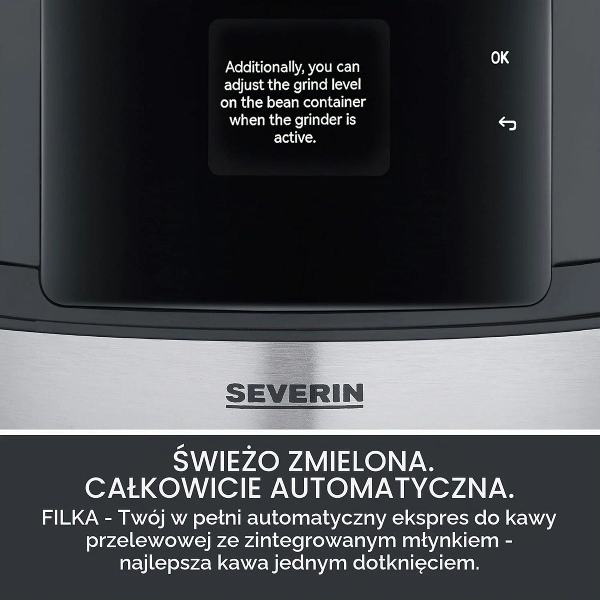 SEVERIN FILKA, w pełni automatyczny ekspres do kawy przelewowej, ekspres 5 w 1 z wyświetlaczem LED, młynkiem, dzbankiem szklanym, czarny matowy/stal nierdzewna, KA 9694