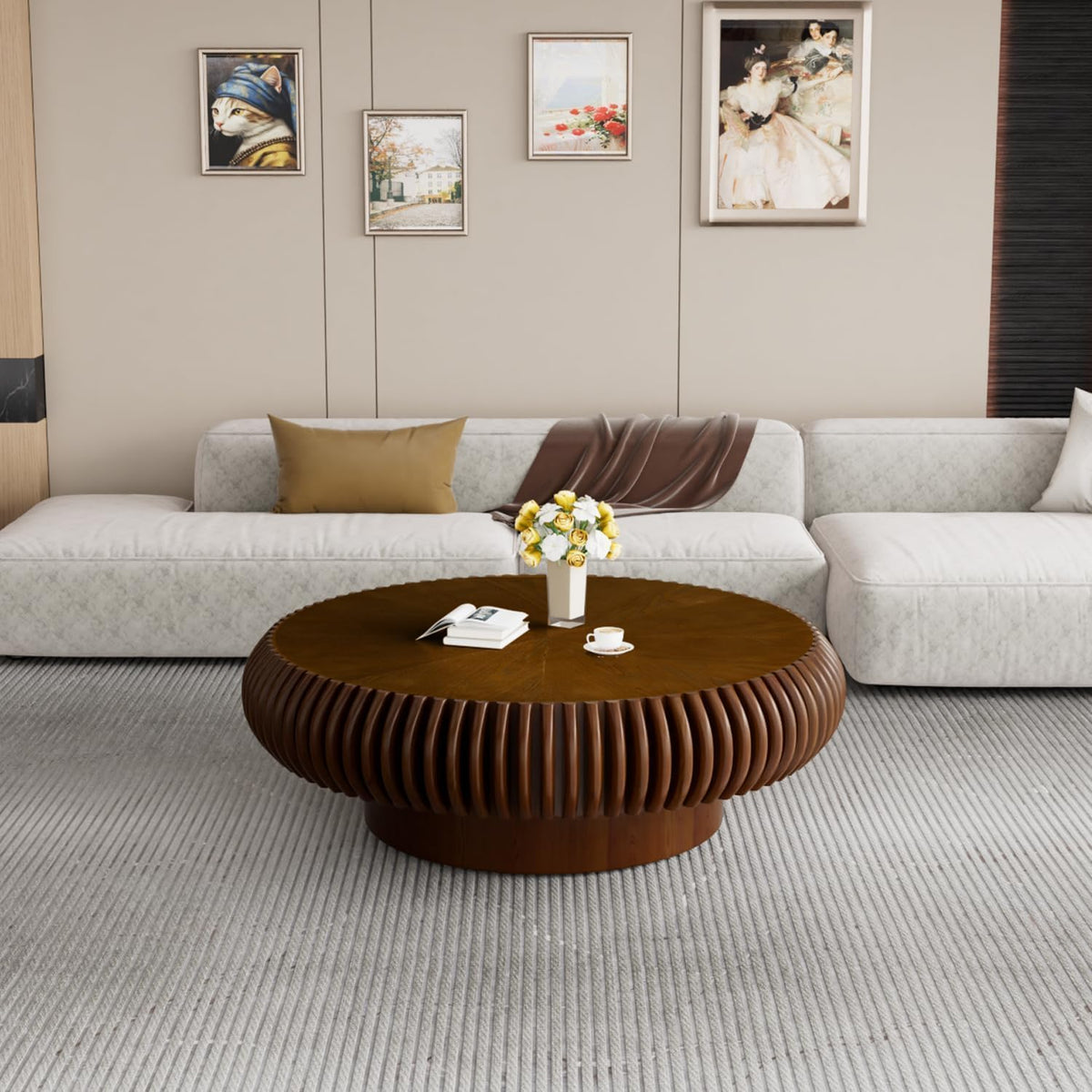 Mesa de centro redonda tipo tambor de madera, superficie acanalada, diseño de mediados de siglo, mesa de salón, estable y duradera (B madera de nogal 100 cm)