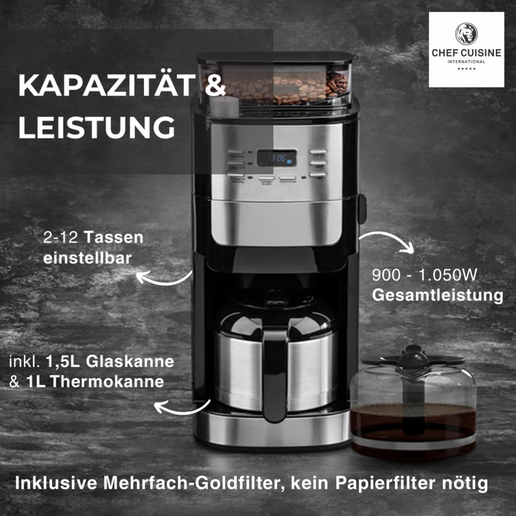 Cafetera de goteo con molinillo y jarra térmica (set 2 en 1) – Cafetera de 1050W para granos enteros y café molido, 12 tazas, temporizador 24h, acero inoxidable