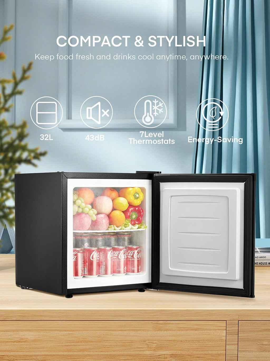 Minicongelador FOHERE 32L -22°C, pequeño, compacto, silencioso (43db), con puerta reversible, arcón congelador, ideal para oficina, camping y exteriores (negro) [Clase de eficiencia energética E]