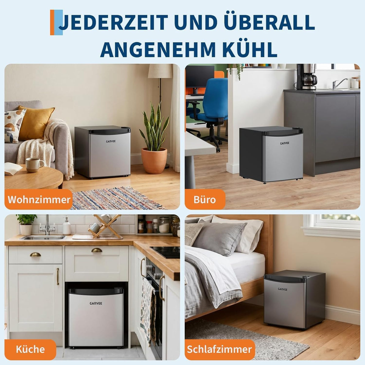 Mininevera Garvee Leiser 45L – frontal de acero inoxidable, 5 niveles de temperatura (0–18 °C), cajón para verduras, patas ajustables, compacta y eficiente energéticamente – para habitaciones y oficina – Estándar europeo