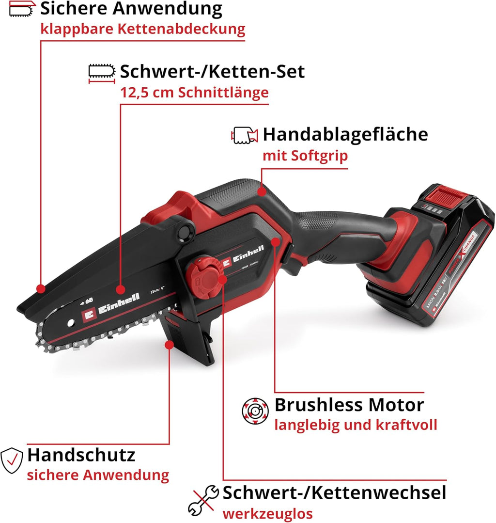 Einhell Sierra de poda a batería GE-PS 18/15 Li Bag Kit Power X-Change (18 V, motor sin escobillas, 12,5 cm de longitud de corte, incl. batería de 2,5 Ah, cargador, cadena de repuesto, bolsa Einhell 45/29)
