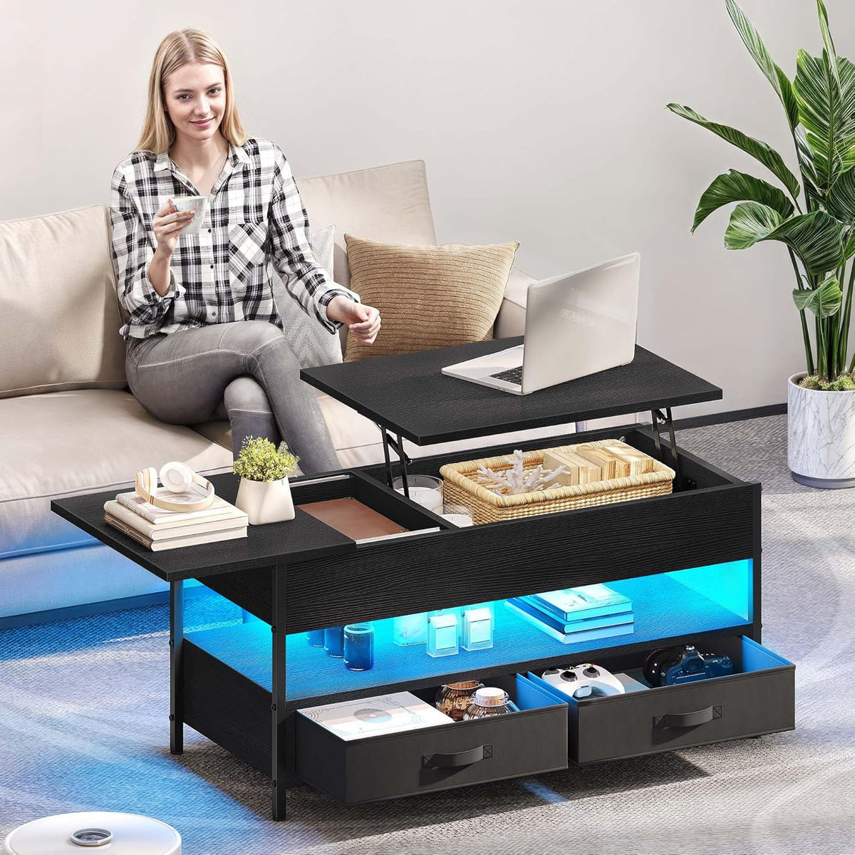 Mesa de centro elevable YITAHOME, mesa de salón con compartimento de almacenamiento oculto para sala de estar u oficina, mesa de centro con almacenamiento, 2 cajones y tira de luz LED, 106 x 50 x 51,5 cm