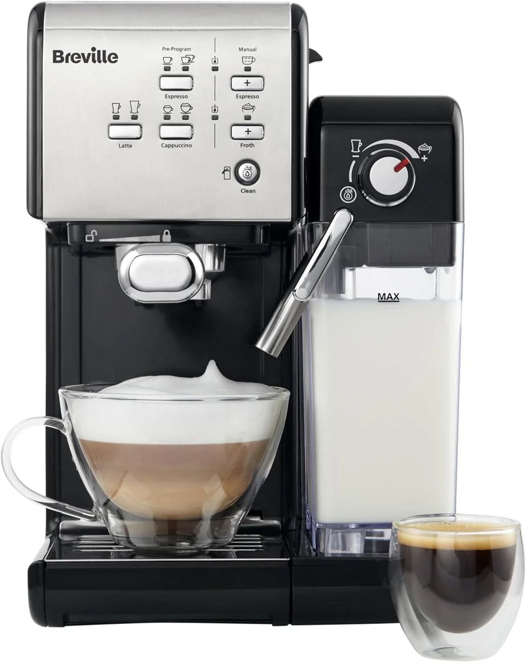 Breville Ekspres do kawy Kolbowy PrimaLatte II VCF108X, 19 Bar, Zintegrowany automatyczny spieniacz do mleka, wyjmowany pojemnik na mleko, Srebrny