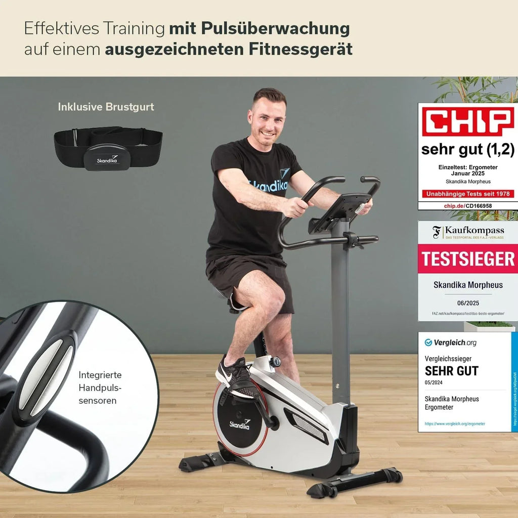 Bicicleta estática ergométrica Morpheus, sistema de freno magnético, 12 kg de masa de inercia, 32 niveles, 24 programas, compatible con la aplicación Kinomap, 150 kg, 144x56x103 cm