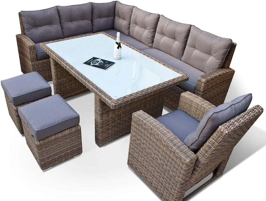 Ragnarök-Möbeldesign - Muebles de comedor altos - Fabricantes ALEMANES - 8 años de GARANTÍA - Producción PROPIA - Conjunto de comedor de jardín de ratán sintético, sillones, ratán redondo color natural, gris