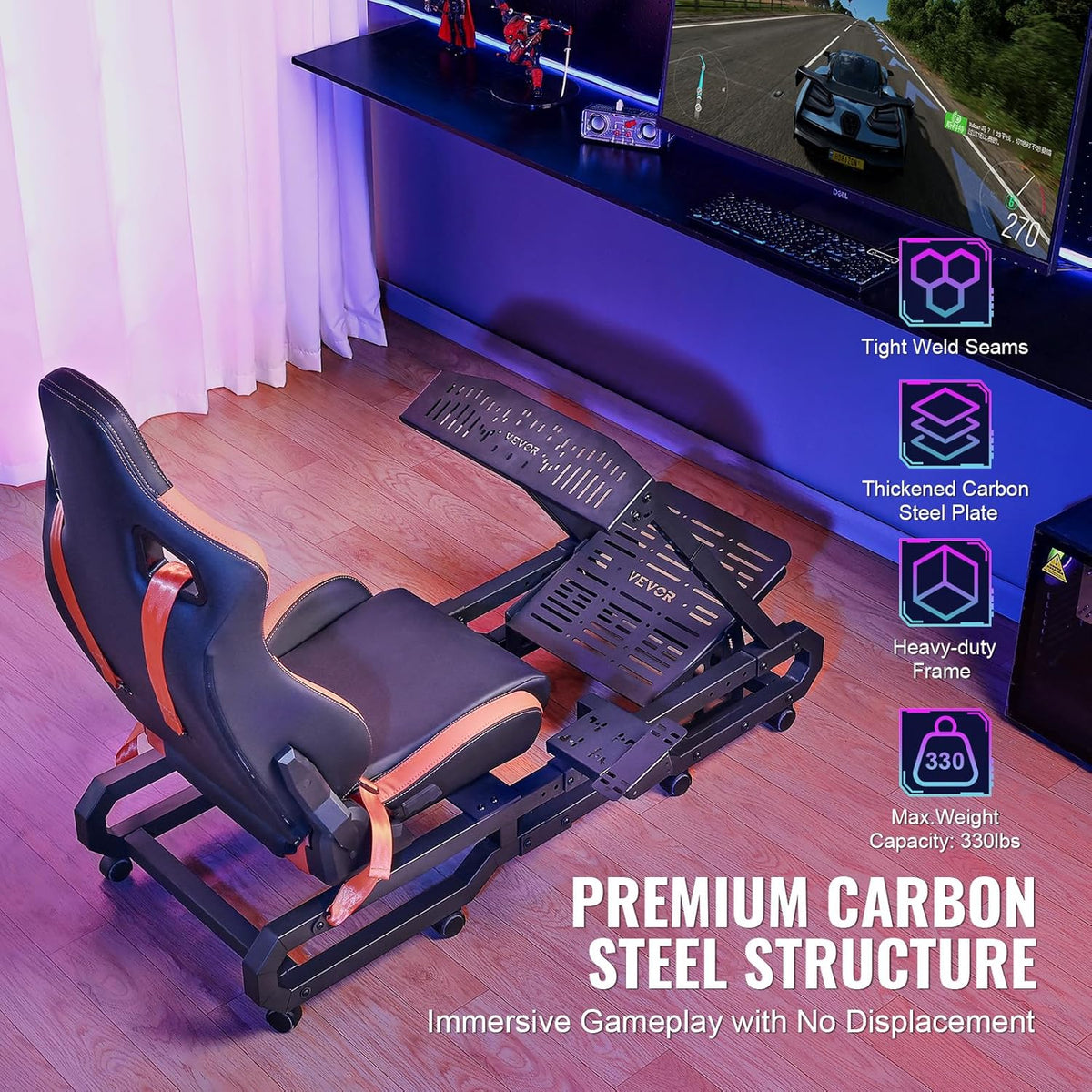 VEVOR Racing Wheel Stand with Wheels for Logitech G923/G920/G29, Heavy-Duty Steel Driving Simulator Cockpit, Thrustmaster T248P, Adjustable Wheel and Pedal Mount