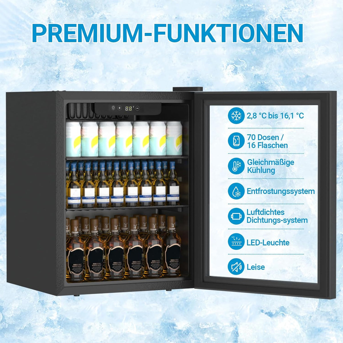 Refrigerador de bebidas, mininevera de 70 latas/50 l con puerta transparente para refrescos, cerveza o vino, frigorífico pequeño independiente con estante ajustable y pantalla digital (negro)