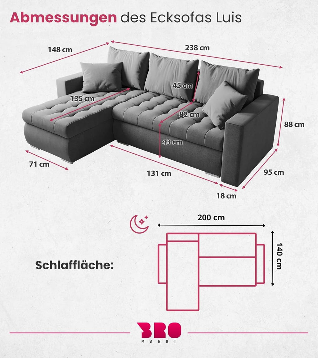 Sofá cama esquinero en forma de L BROMARKT, sofá cama con arcón, mueble de salón LUIS, sofá de 3 plazas con espacio de almacenamiento, 238x150x72 gris claro