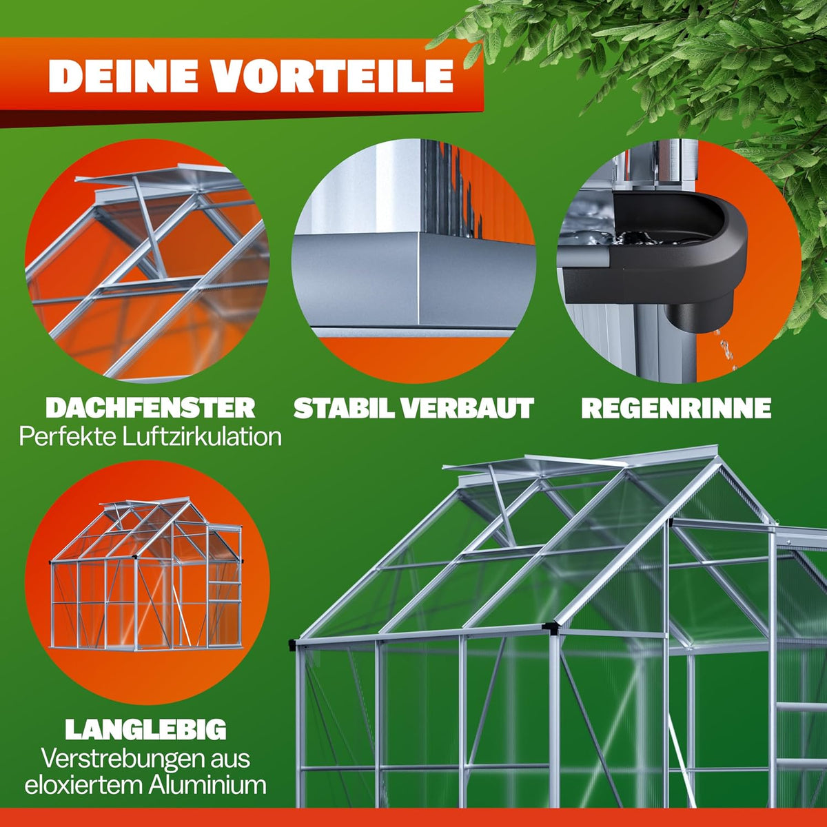 Invernadero GARDEBRUK® de aluminio 3,6m² 190x190cm incl. ventana de techo, caseta para tomates, invernadero, semillero, cobertizo de jardín, cama caliente, casa de plantas, cultivo 5,8m³