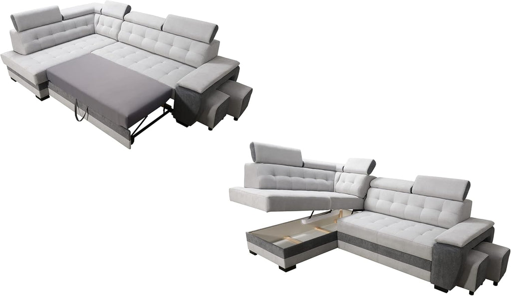 Sofá rinconero Robin Inspire Grand con función cama plata-antracita izquierdo | Sofá en forma de L con arcón, función relax, 2 taburetes y reposacabezas. Conjunto de salón con opción de dormir.