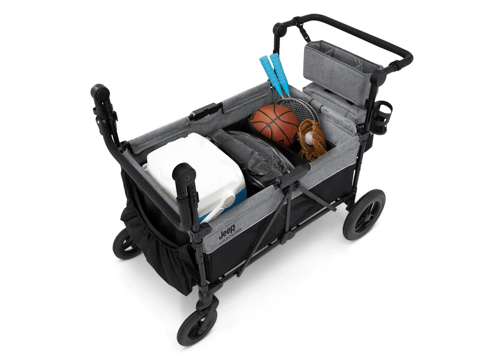 Jeep Wrangler Deluxe Stroller Wagon for 4 Kids – Removable Canopy, Cooler Bag, Modular Seats, XXL Storage, All-Terrain Tires, Adjustable Handlebars