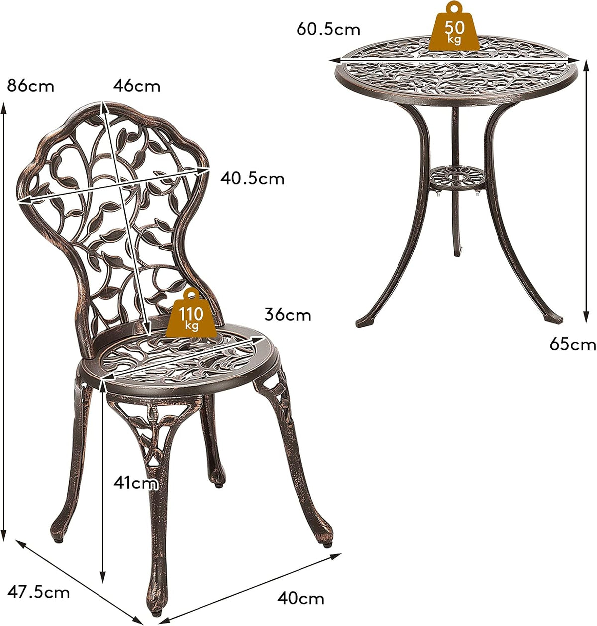GIANTEX 3 TLG. Bistro Set, Bistrotisch mit 2 Stühlen, Gartenmöbel Set Alu, Gartenset Balkonset antik, runder Gartentisch, Balkonmöbel Set Garten Sitzgruppe 2 Sitzhocker Outdoor Bronze