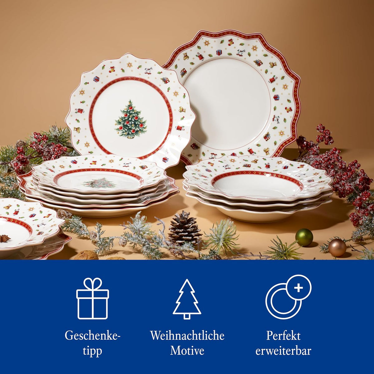 Villeroy & Boch – Toy's Delight Vajilla de Navidad de 12 piezas, set de platos navideños Toys, vajilla navideña, servicio de Navidad para 4 personas, platos llanos, platos hondos, platos de desayuno, porcelana