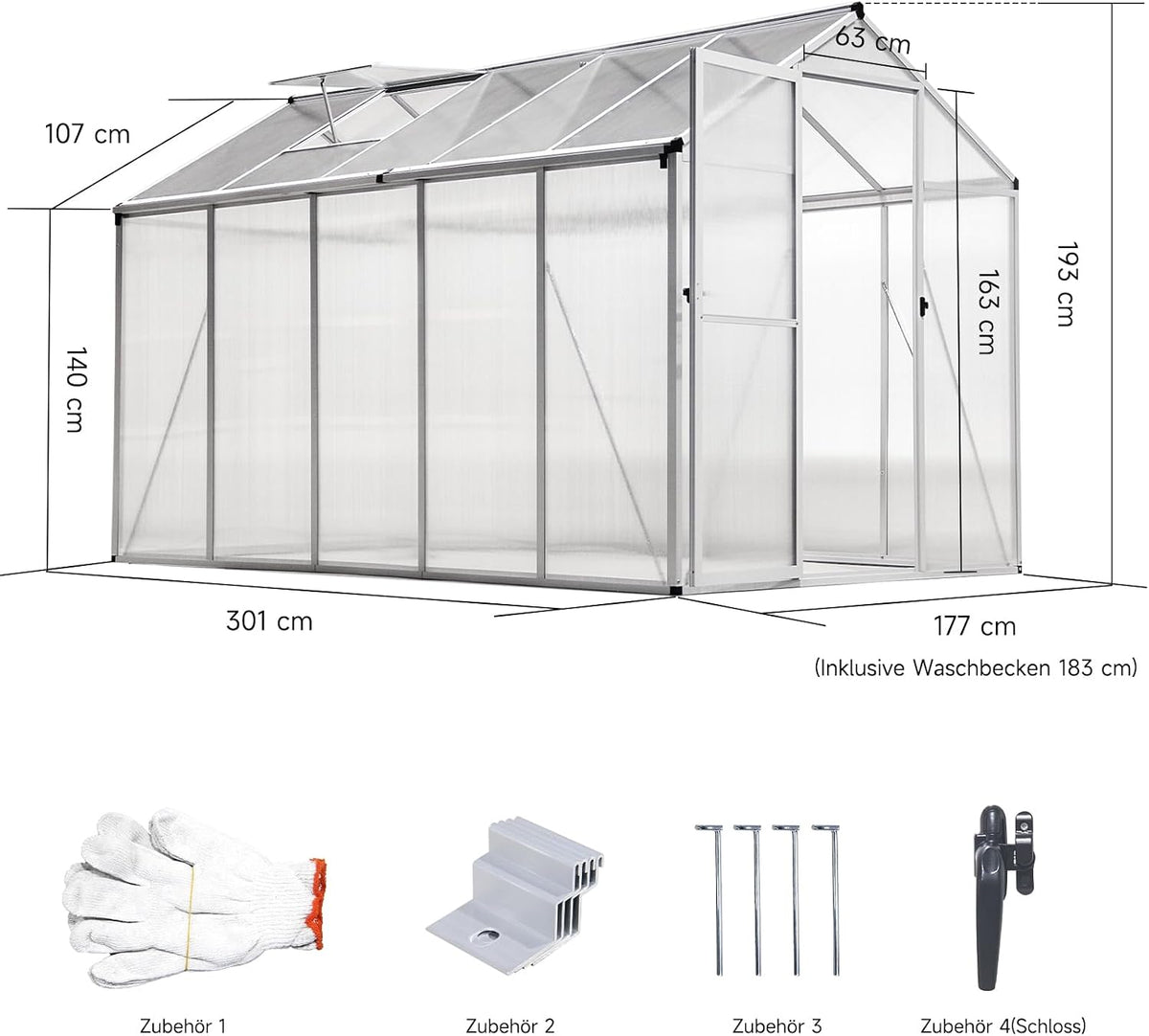Invernadero de aluminio para jardín | 177*300*193 cm | Versátil: utilizable como invernadero, caseta de jardín, resistente al invierno, para cultivo, caseta para tomates, semillero y caseta para plantas, blanco