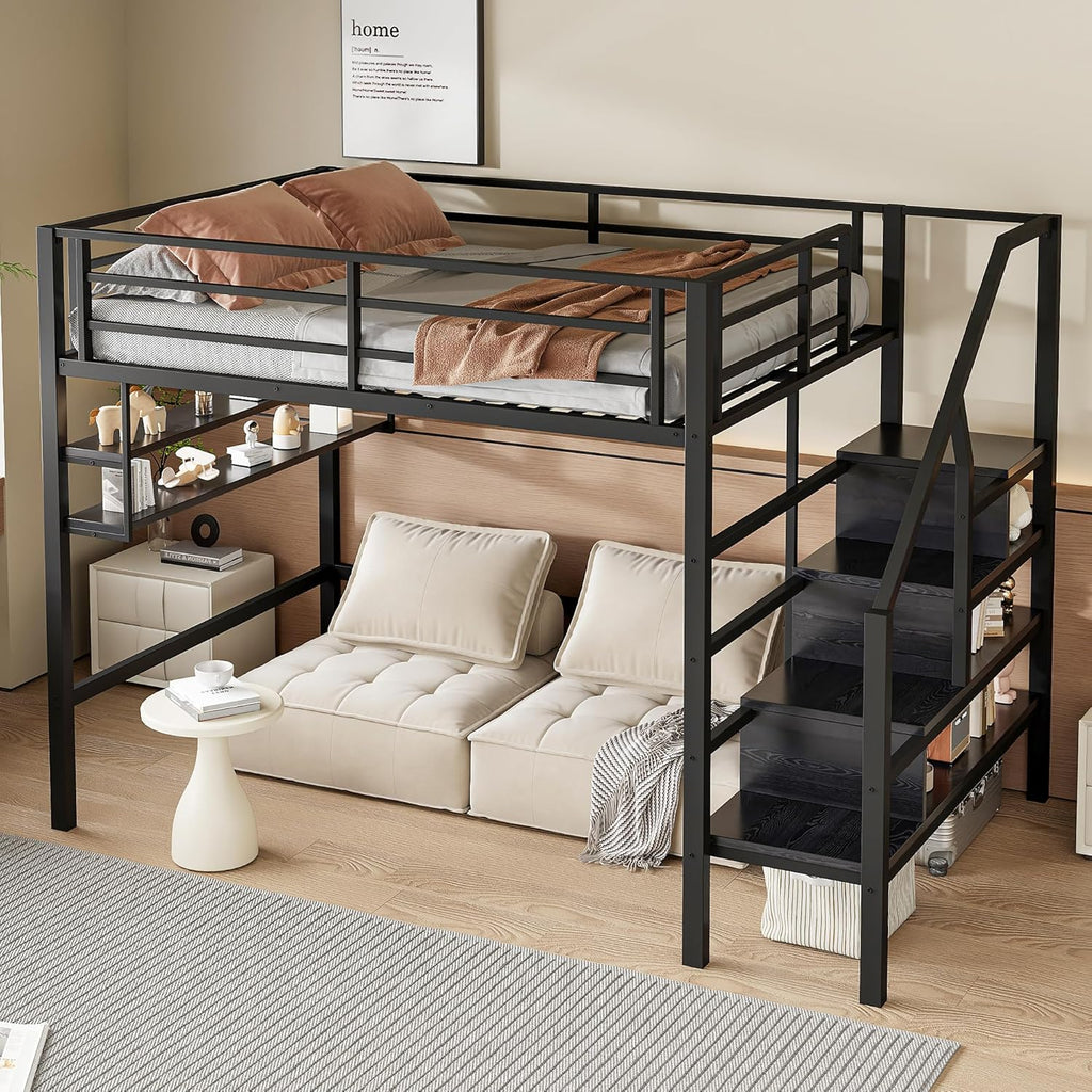 Cama alta, 140x200 cm, estantes, escalera con almacenamiento, espacio libre debajo de la cama para personalizar, barandilla, sin colchón, muebles negros, muebles de dormitorio, cama, estructura de cama y base WX00057