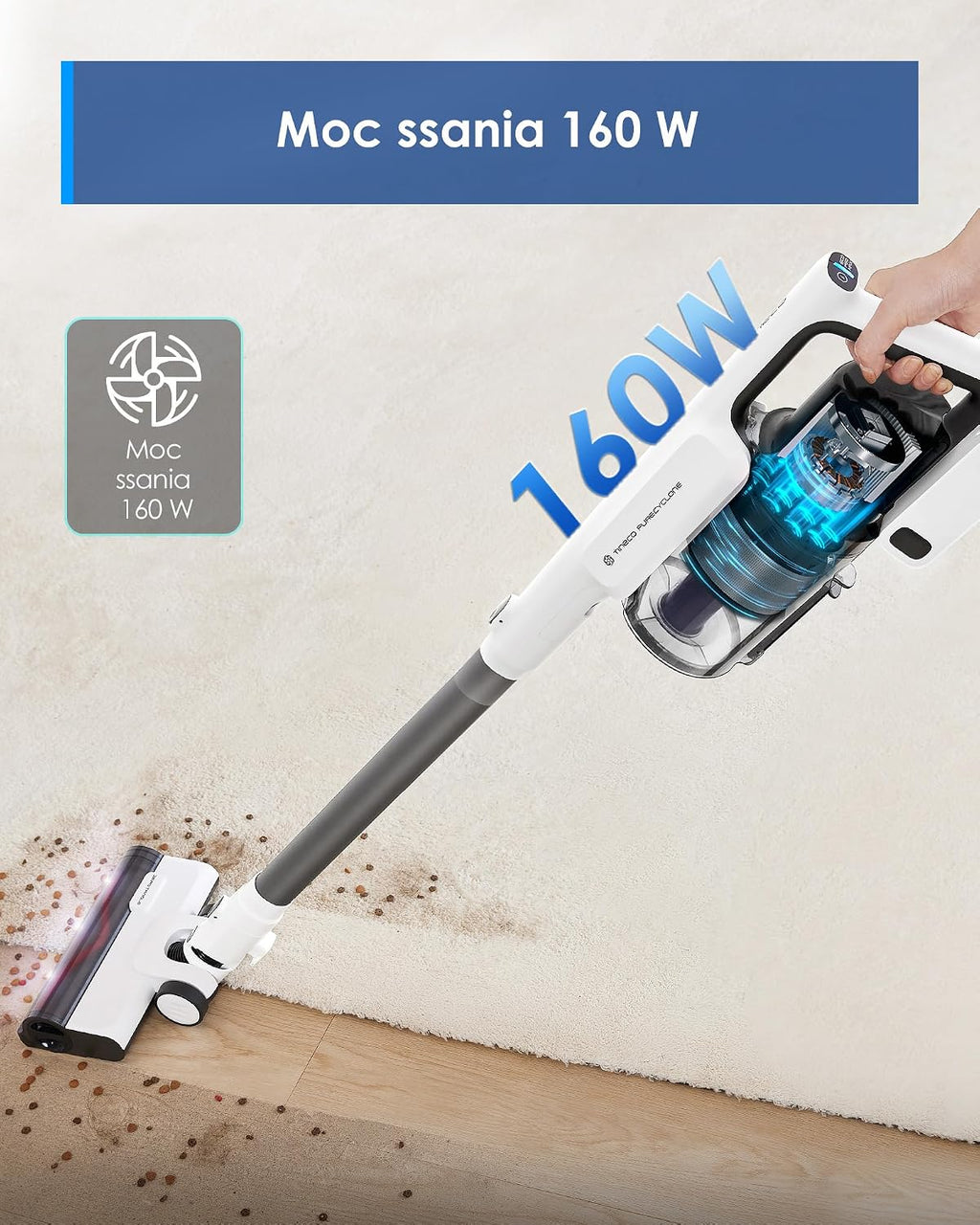 Tineco A30S draadloze steelstofzuiger, 160 W zuigkracht, 60 minuten looptijd, 1 liter grotere vuilnisbak, ZeroTangle-borstel, Tineco PureCyclone Tech, LED-koplamp